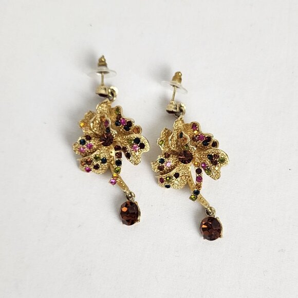 VTG Gold-Tone Floral Dangle Drop Earrings Multicolor Rhinestones Fall Fashion - Picture 6 of 10